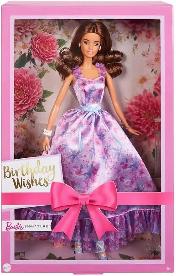 Barbie Signature Birthday Wishes Doll with Silky Lilac Dress Brown Wavy Hair - Gift Boxed HRM54