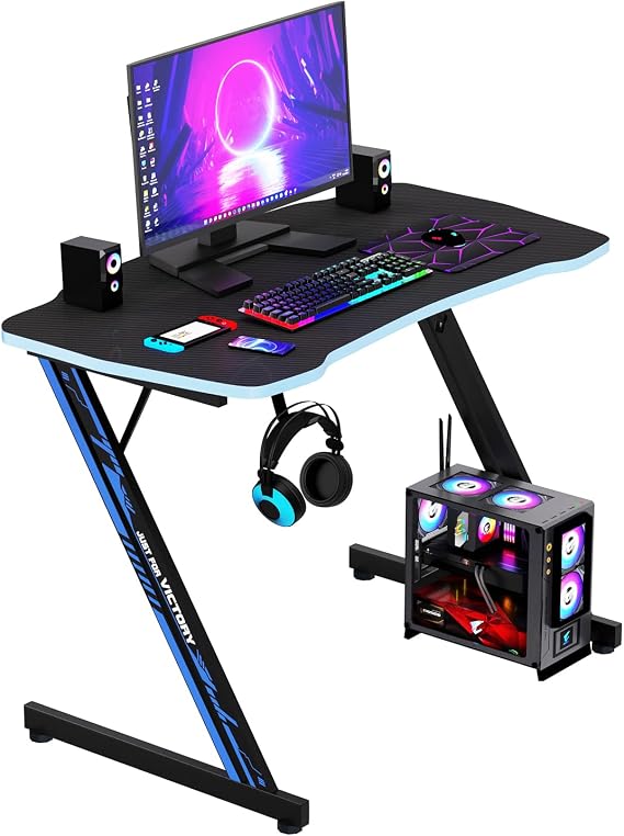 Ruesleag 39 Inch Gaming Desk Ergonomic Home Office Desk Z-Shaped Computer Desk PC Workstation Modern Simple Study Table w/Headphone Hook Adjustable Leveling Foot Spacious Desktop,(Blue)