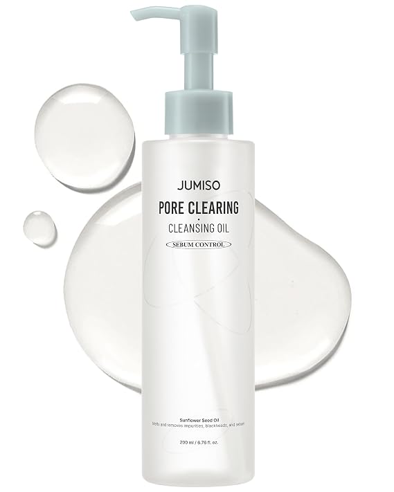 JUMISO Pore Clearing Cleansing Oil - Korean Face Makeup Remover Waterproof Makeup Deep Cleansing Blackhead Removal No Residue Gentle Eye Irritation Free for All Skin Types, 6.76 fl.oz. | Water-light cleansing oil melts waterproof makeup, SPF & blackheads, rinses clean with no greasy residue. Botanical oils.
