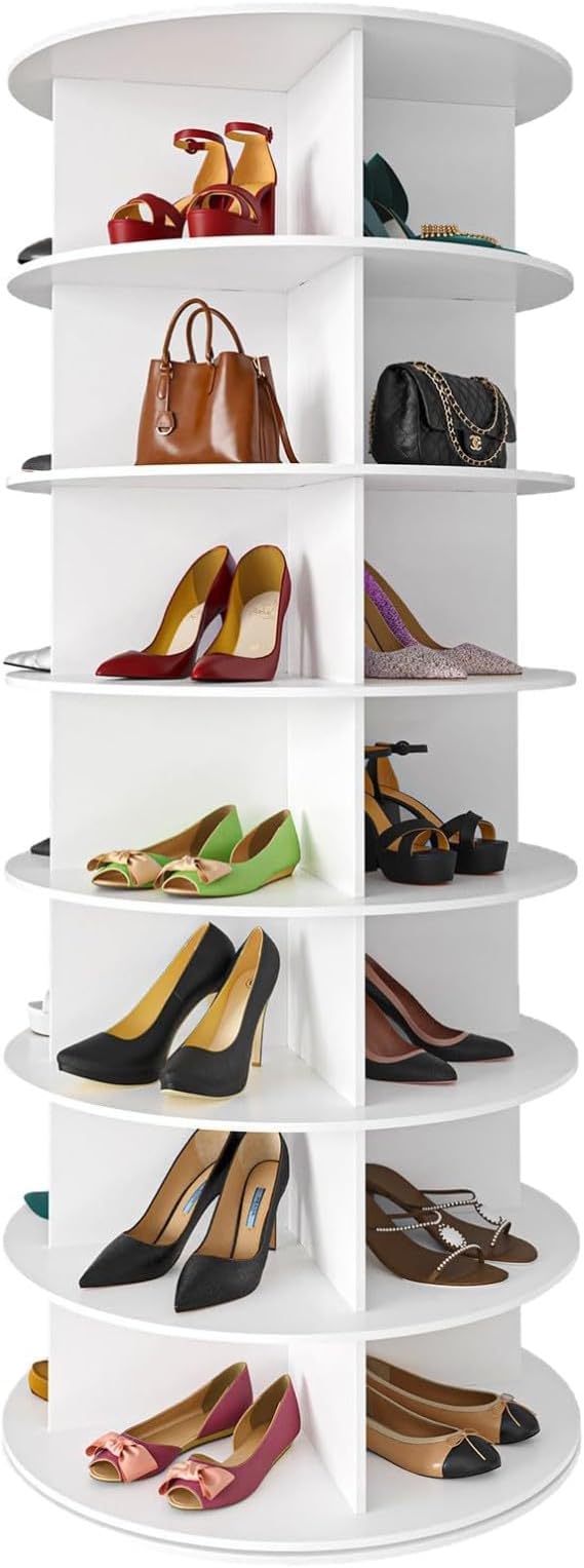 360° Spinning Shoe Rack Tower 7 Tier Rotating Shoe Rack Wood for 28 Pairs of Shoes, Vertical Round Shoe Handbag Organizer for Closet Entryway Living Room Bedroom