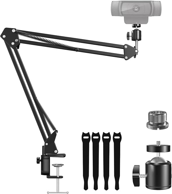 Webcam Stand for Desk, Boom Arm Mount with Clamp, Rotable 1/4-in Ballhead