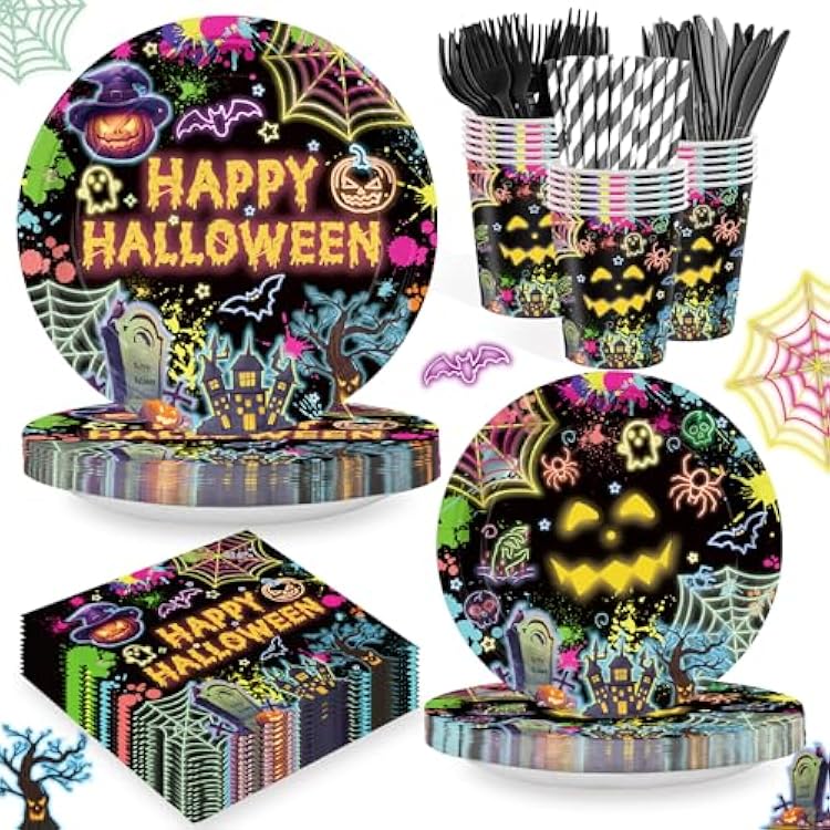 168PCS Halloween Party Supplies for Kids Pumpkin Ghost Party Decorations Happy Halloween Holiday Spooky Themed Neon Plates and Napkins Tableware Birthday Baby Shower Decor Serve 24 Guests