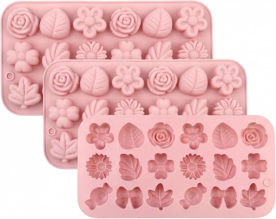 Pack of 3 Flower Silicone Moulds Baking Chocolate Mould Chocolate Mould Versatile Mould for Chocolates Chocolates Gummy Candies Soap Ice Cubes Roses Leaves Bows