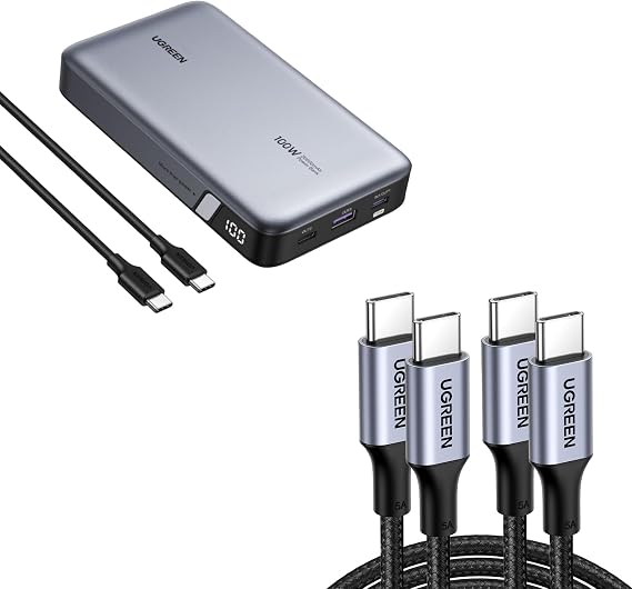 UGREEN 100W Power Bank Bundle with 100W 2-Pack 3.3FT USB C Cable