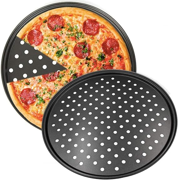 qiuqiu Pizza Tray, Non-Stick Pizza Baking Tray, Carbon Steel Pancake Baking Utensils, Perforated Pizza Trays for Oven, Kitchen Baking Tools, Crusty Bake Pizza Crisper Tray-26cm
