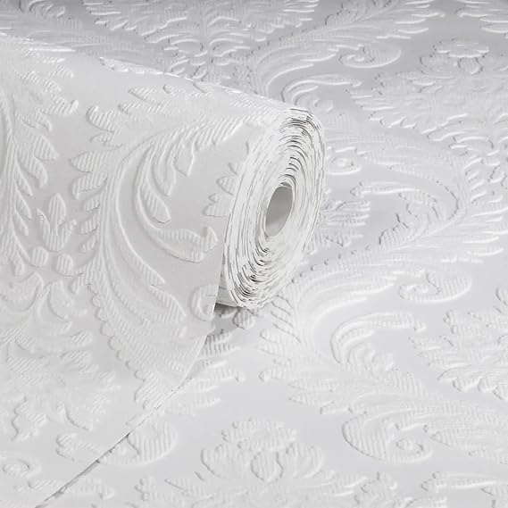 SOPHIE LAURENCE White Damask Paintable Wallpaper | Embossed | Blown Textured Vinyl | Slightly Imperfect | Thick & Heavy | Disguise Imperfections | Personalise by Painting