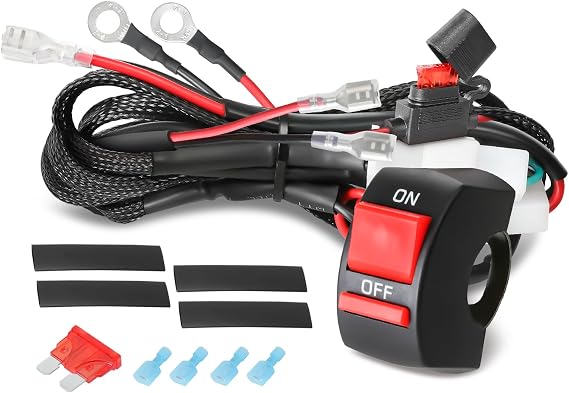 2 Leads Motorcycle Wiring Harness Kit w/Handlebar Switch 10A Blade Fuse 12V LED Light Heavy Duty Nylon Wire for Motorcycle ATV Dirt Bike Motorized Bicycle - Fits 7/8" Handlebars (22mm)