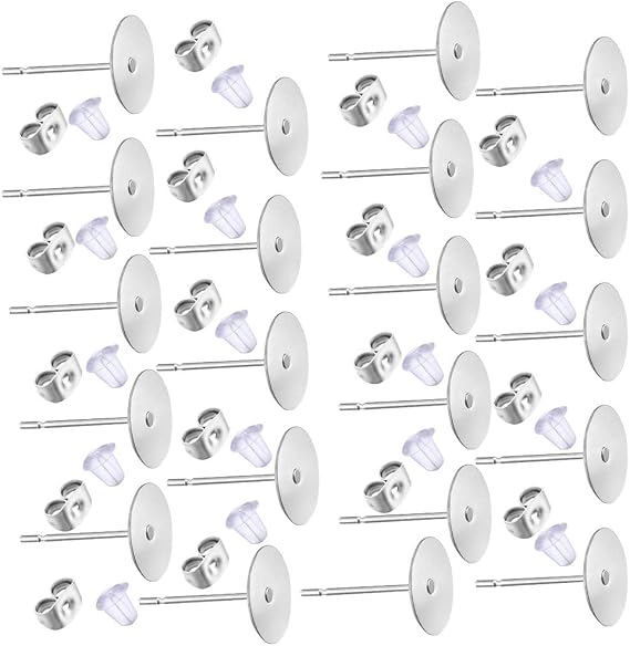 600 PCS 5MM Hypoallergenic Stainless Steel Earrings Posts Flat Pad Blank Earring Pin Studs with Butterfly Earring Backs and Silicone Bullet Earring Backs for Jewelry Making Findings
