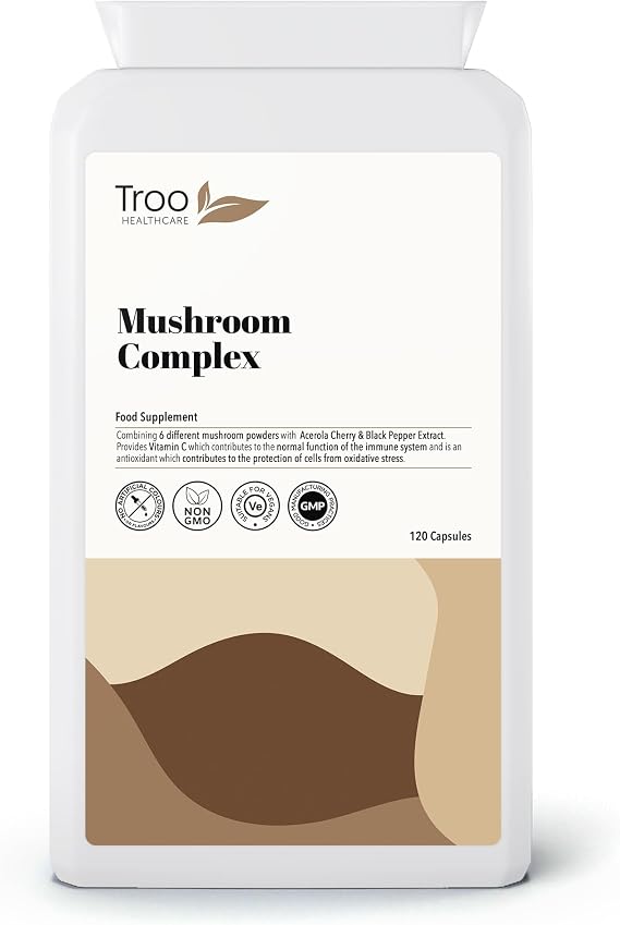 Troo Health Care Mushroom Complex 120 Capsules - 6 Shrooms with Organic Acerola, Turmeric & Black Pepper - Maitake, Reishi, Shiitake, Chaga, Cordyceps, Lion's Mane -