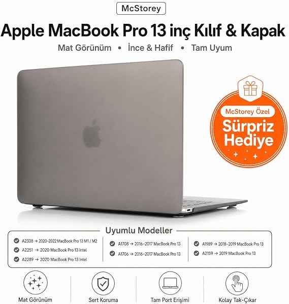 McStorey MacBook Pro 13 İnç M1 M2 Kılıf A2338 Uyumlu | Mat Sert Koruyucu Kapak Hard Case | A1706 A1708 A1989 A2159 A2251 A2289 Uyumlu İnce Hafif Buzlu Laptop Kılıfı Gri