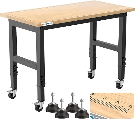 LARBANKE 48" Adjustable Workbench with Wheels and Foot Pads,Rubber Wood Workbench with Graduated Lines,Heights from 33.5 to 41.3,2300 LBS Load Capacity Hardwood Worktable,Workshop,Garage,Office,Home