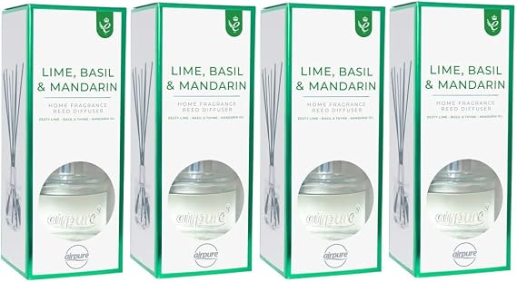 Airpure Luxury Reed Diffusers 100ml (4 Pack) with Thick Black Reeds (4 x Lime, Basil & Mandarin)