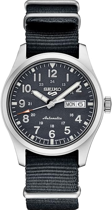 SEIKO SRPG31 Watch for Men - 5 Sports - Automatic with Manual Winding Movement, Blue-Gray Dial, Stainless Steel Case, Blue-Gray Nylon Strap, 100m Water Resistant, and Day/Date Display