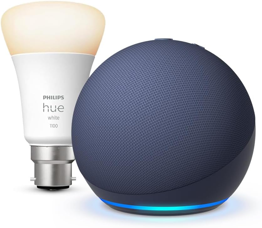 Echo Dot (5th generation) | Deep Sea Blue + Philips Hue White Smart Light Bulb LED (B22), Works with Alexa - Smart Home Starter Kit, with Alexa+ Early Access