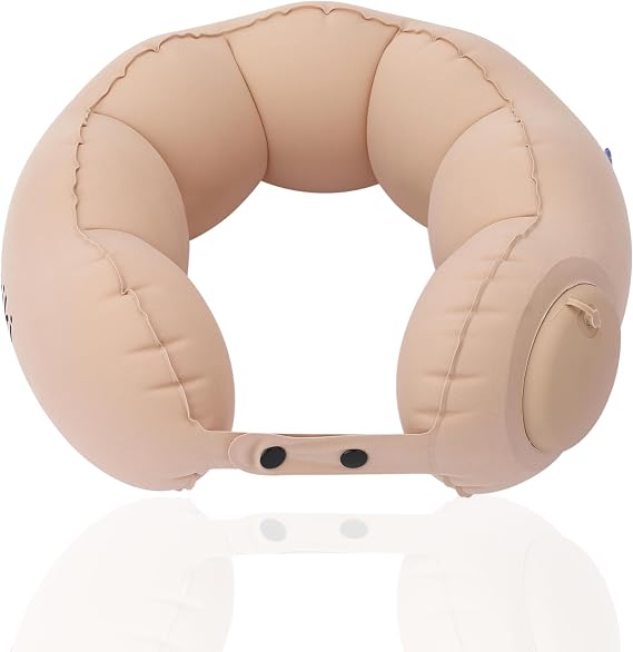 Inflatable Travel Neck Pillow with Built-in Hand Pump, Ergonomic 360-Degree Side and Back Support, Adjustable 3-Gear Snap Strap, Lightweight Compact Air Cushion for Airplane Car Train Office