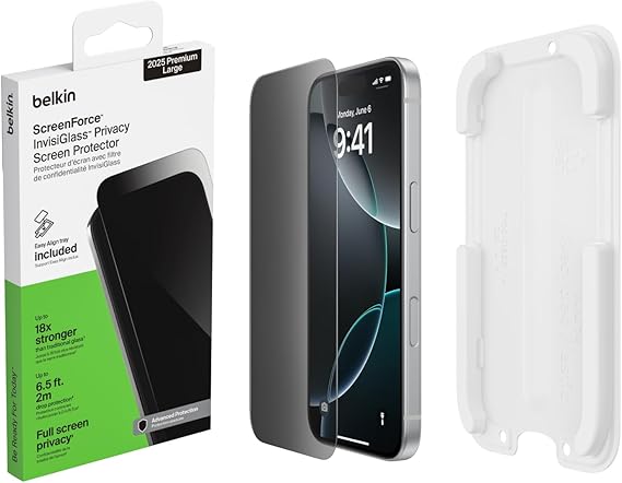 Belkin ScreenForce InvisiGlass iPhone 17 Pro Max ekran koruması, çizilmez, konumlandırma kılıflı ekran koruyucu folyo, kabarcıksız takma, cam koruması, 9H sertlik, geri dönüştürülmüş cam