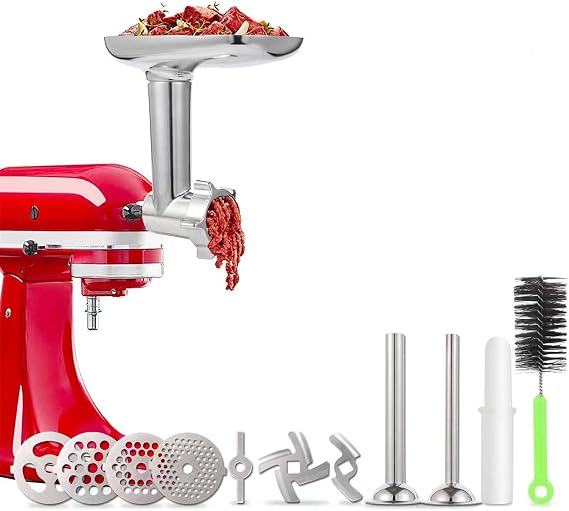 Kitchen Aid Stand Mixer Meat Grinder Attachment, 2 Sausage Stuffer Tubes, Durable Metal Food Grinder Attachment, Silver