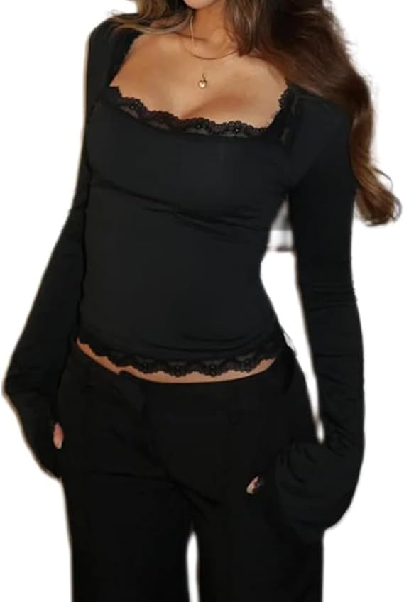 Women's Lace Trim Square Neck T Shirt Y2K Long Bell Sleeve Slim Fit Basic Crop Tops Blouse Fairy Aesthetic Tee Shirts Streetwear