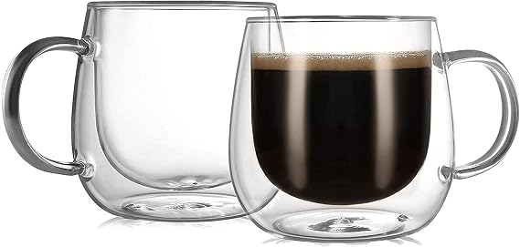 CNGLASS Insulated Double Wall Glass Coffee Mugs 350ml, Thermal Borosilicate Cups with Handle Set of 2