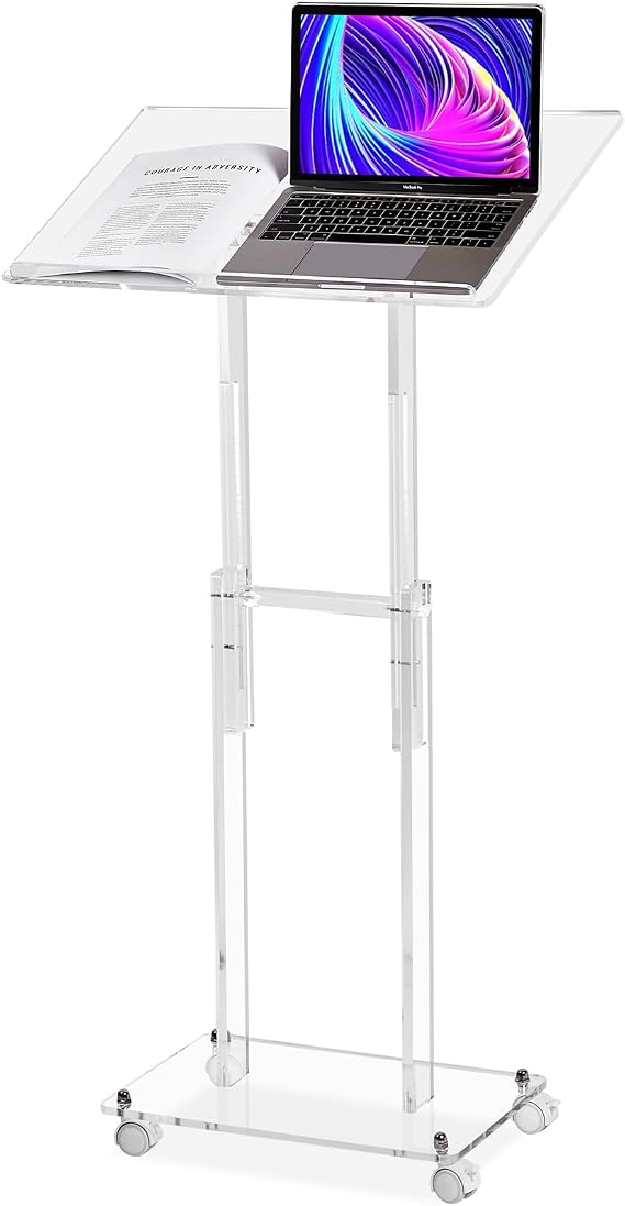 Clear Acrylic Podium Stand with Lockable Wheels, Adjustable Height & Angle