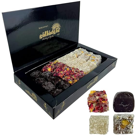 Gulluoglu Gourmet Delight Series: Sultans Confections Assorted Turkish Delight, 8.8oz - 250gr (Pack of 1), Chocolate-Pistachio-Bergamot-Orange-Rose Leaves-Pomegranate-Honey-Coconut, daily fresh shipment from Istanbul/Turkey