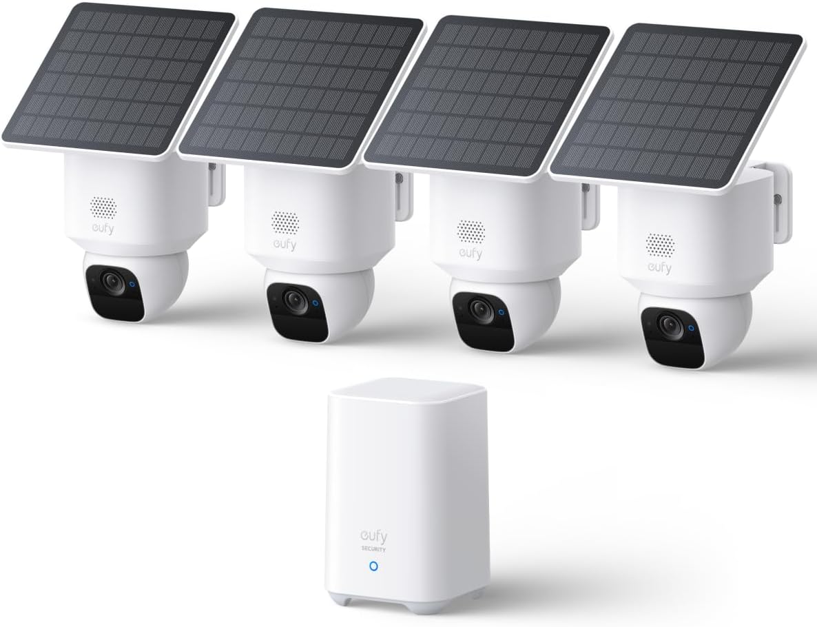 eufy Security SoloCam E30, 4-Cam Pack Kit, Security Cameras Wireless Outdoor, Solar Camera Outdoor Wireless, 360° Pan, AI Tracking, 2K Clarity, No Monthly Fee