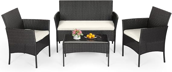 FDW 4-Piece Patio Furniture Set | Black | Outdoor Wicker Furniture | with Coffee Table | Modern Rattan Chairs Conversation Set | Outdoor Seating | Weather-Resistant | for Porch, Garden, Lawn