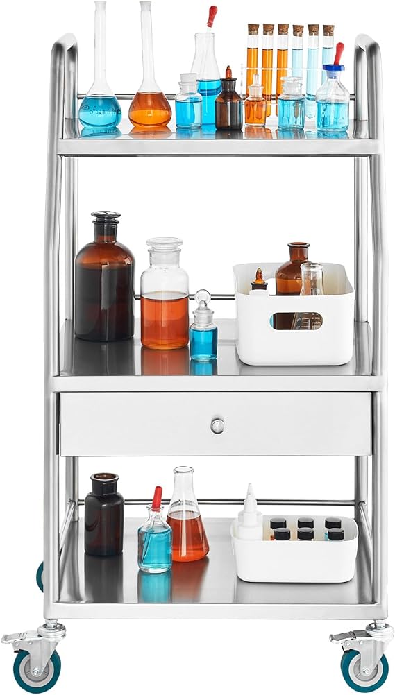 Happybuy Lab Serving Cart, 3-Tier Stainless Steel Utility Rolling Cart with Drawer, Medical & Dental Cart with Lockable Wheels, for Laboratory, Hospital, Clinic Use
