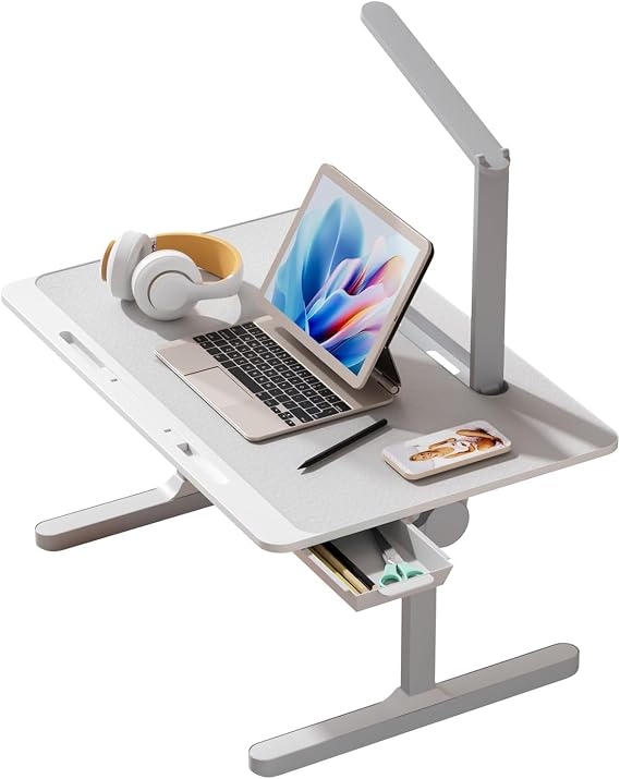 Desk for Bed, Laptop Bed Tray Desk Adjustable Laptop Bed Tray, Lap Desk with Light Drawer, Slot, Foldable Laptop Table Portable Standing Table Bed Computer Table for Laptop White