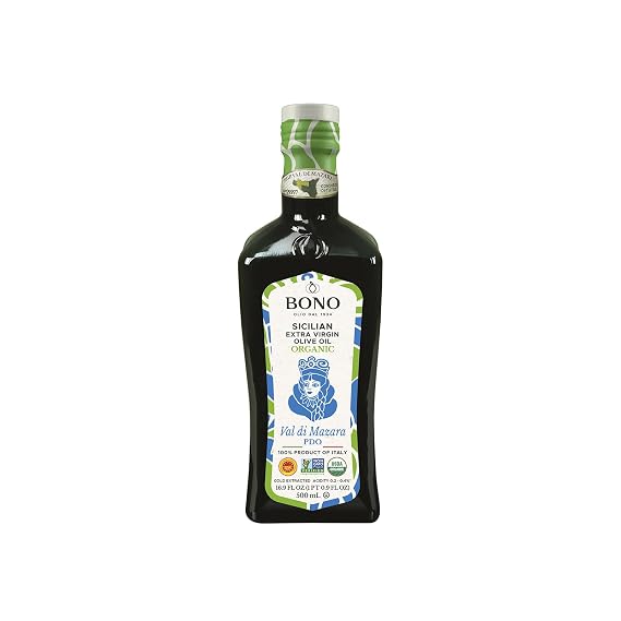 BONO Organic Sicilian PDO Val di Mazara Extra Virgin Olive Oil, 16.9 oz Cold Extracted, Biancolilla, Cerasuola & Nocellara del Belice Olives USDA Organic, Non-GMO Project Verified Clean Label Project Purity Award Winner