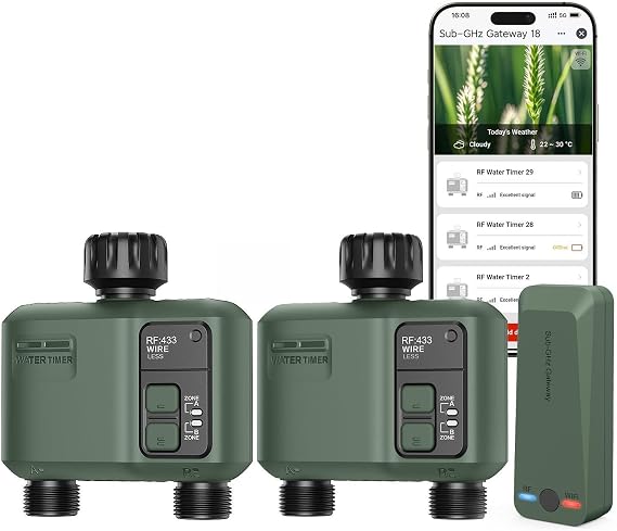 2 Pcs WiFi Water Timer 2 Zone for Garden Hose, Smart Sprinkler Timer with 984ft RF Range, Smart Lawn Watering System Irrigation Controller, APP/Voice Control, Rain Delay, Automatic/Manual Irrigation
