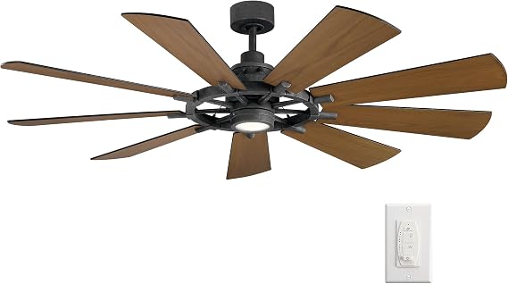 Kichler Gentry XL Ceiling Fan with Lights, Distressed Black, 300265DBK | 1-Light LED, 3000K, 9 blade Modern Industrial Fan (65" W x 16.5" H), Farmhouse ceiling fan