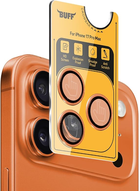 BUFF LABS iPhone 17 Pro Max ile Uyumlu Metal 9H Kamera Lens Koruyucu (Turuncu)