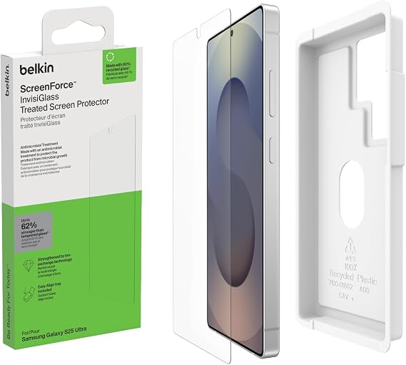 Belkin ScreenForce InvisiGlass Treated Screen Protector for Samsung Galaxy S25 Ultra, 9H Hardness, Scratch-Resistant Impact Protection w/Align Tray for Easy Application - Made with Recycled Glass