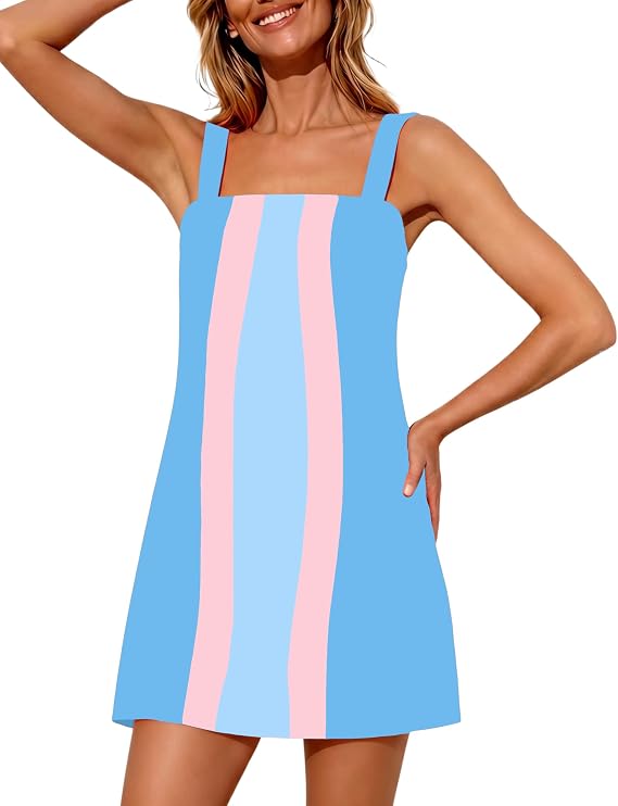 Yidarer Women's Summer Mini Dress Adjustable Straps Color Block Casual Relaxed Fit Overall Dresses with Pockets