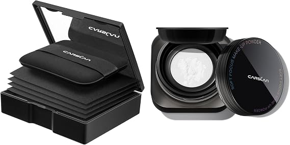 CARSLAN Makeup Blotting Paper with powder, 150 Sheets + 8 Refill Pads Bundle with Soft Focus Loose Setting Powder 01 Translucent For Dry