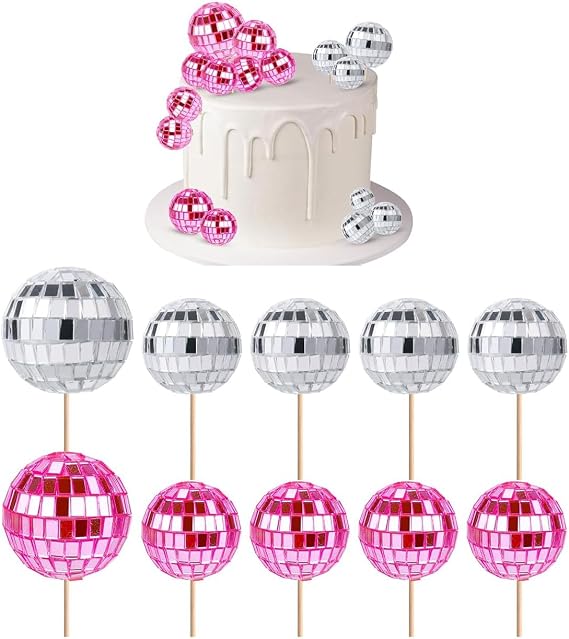 Disco Ball Cupcake Toppers, 70s Retro Cake Decorations With Stick for Dessert, Shiny Mini Ball Picks for Birthday, Theme Party Supplies for Decor Ornament