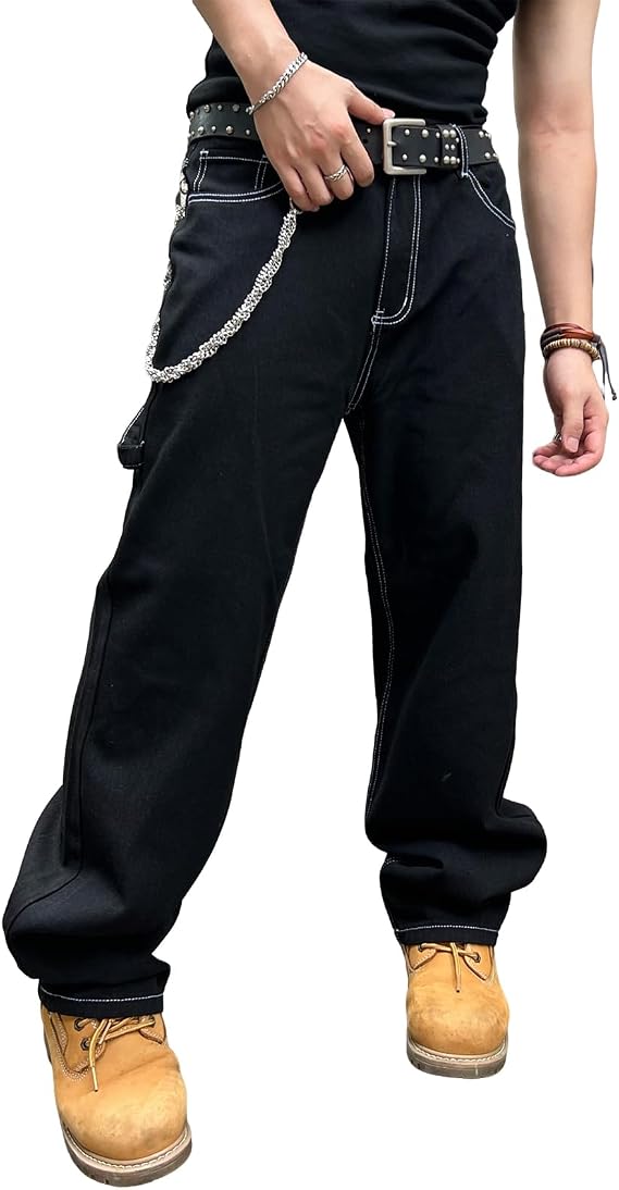 Men's Baggy Jeans Loose Fit Denim Pants Wide Leg Ripped Jeans Y2K Clothes Streetwear Black