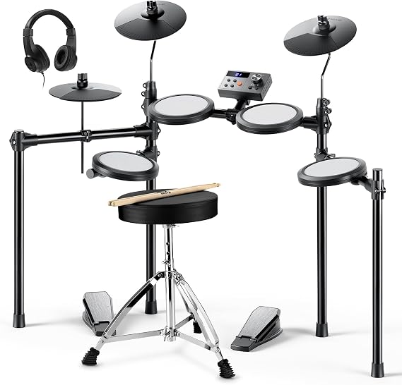 Donner Electric Drum Set, DED-70 Electronic Drum Kit for Beginner with 150 Sounds, 4 Quiet Mesh Pads, 9" Cymbals, USB MIDI, Type-C Charging, 2 Pedal, Throne, Headphones, Sticks, Melodics Lessons