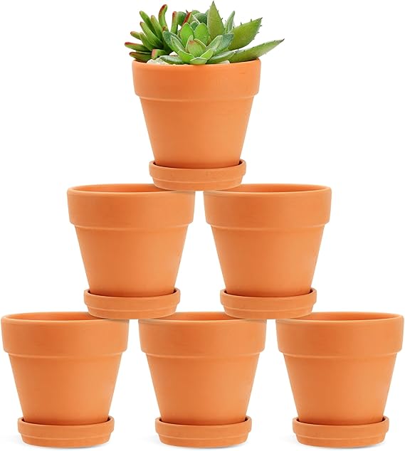 Juvale Clay Pots for Plants - 4.2-Inch Brown, 6-Pack - Terracotta Pots Round with Drainage Holes & Saucers - Succulent Planter & Plant Saucer for Indoor & Outdoor Use