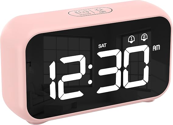 CHEREEKI Alarm Clock, Digital Clock with Nap Timer, Snooze, USB Powered Clock with Dual Alarms for Bedroom, Bedside, Office& Travel (Pink)