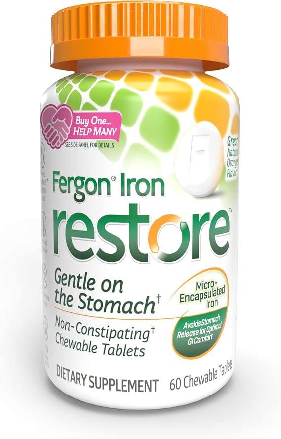 Fergon Iron Restore Chewable Tablets - Gentle on Stomach, 27mg Iron 60ct
