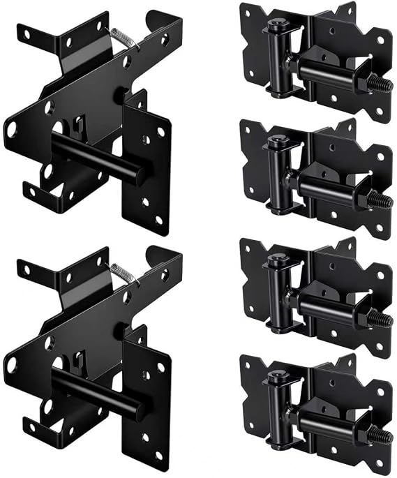 Self Closing Gate Hinge and Latch Kit for Wooden/Vinyl Fence Gate | Heavy Duty Rust Proof Gate Hardware Kit,4 Adjustable Self Closing Hinges & 2 Post Mount Self Locking Gate Latch (Black)