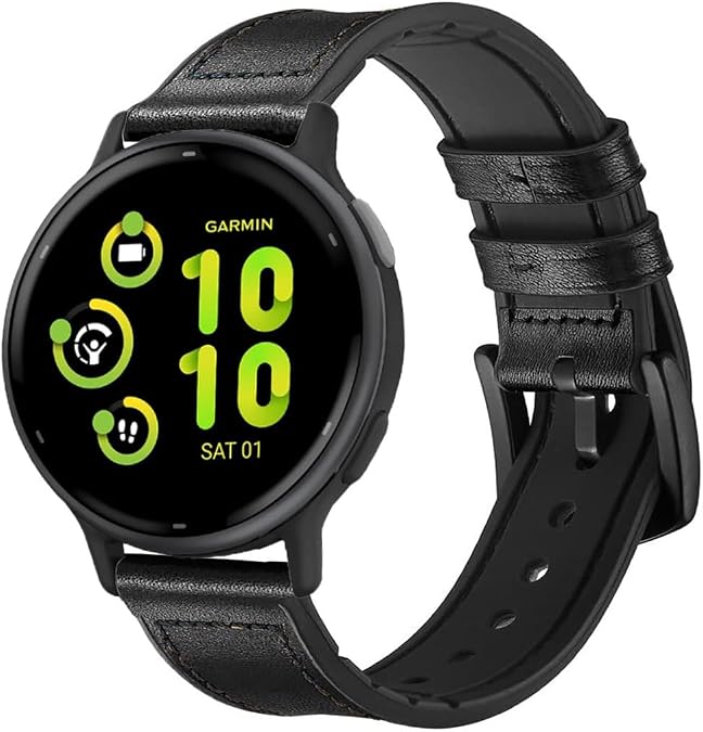 Leather Bands Compatible with Garmin Venu/Sq/Sq 2/Forerunner 165/55/645/245 Music Watch Bands, Garmin Vivoactive 6/5/3 Bands, 20mm Silicone Leather Sport Wristband for Vivomove HR/Sport Men Women