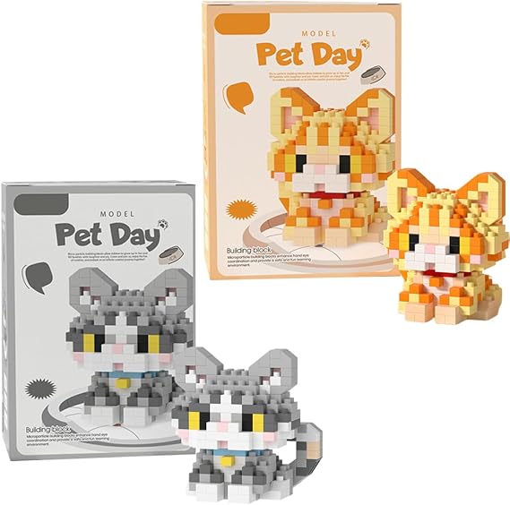 Cats Building Block Set, 2 Pcs Cats Building Block Mini Bricks Toy Animals Bricks Blocks Collection Creativity Toy Brick DIY Blocks Home Decor Ornament Gifts for Adults Teens Children (Yellow, Grey)