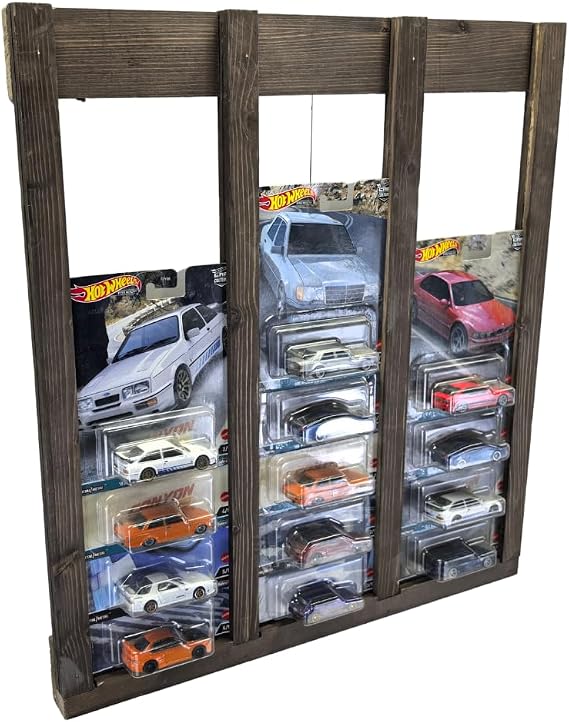 Premium Kart Sergileme Standı, Kartonet Doğal Ahşap Sergileme Vitrini, Oyuncak Araba Rafı-Ceviz