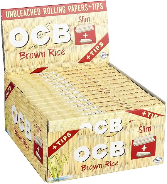 OCB - Brown Rice King Slim Size Rolling Papers & Tips Display Case - 24 Booklets with 32 Leaves per Booklet