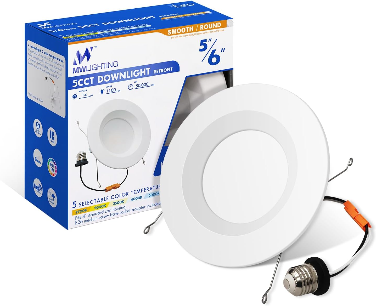 mw LED Recessed Lighting 6 Inch Retrofit,2700K3000K3500K4000K5000K,6 LED Can Light Retrofit,Smooth Trim,14W Equal 100W,1100LM,IC & Wet Rated, ETL and California JA8 Certified