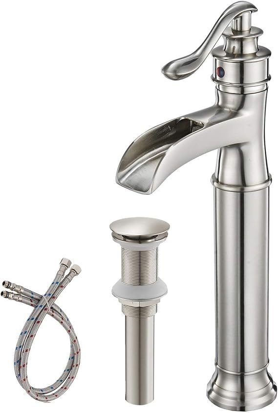 BWE Waterfall Vessel Sink Faucet Brushed Nickel Single Handle 1 Hole | Tall Bathroom Sink Faucets Commercial Mixer Tap with Supply Line and Pop Up Drain without Overflow Lavatory Vanity