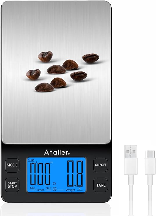 Mini Coffee Scale with Timer, Resolution 0.1g, Max 2kg 4.4lbs
